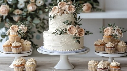 Poster -   A white wedding cake with cupcakes and flowers adorning the top