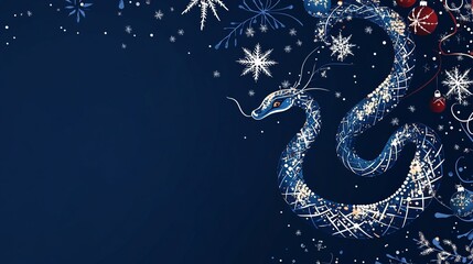 blue snake with snowflakes and ornaments on a dark festive background, symbolizing chinese new year.