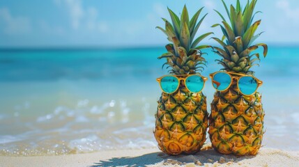 Couple of attractive pineapples in love on the sand against turquoise sea. Wearing stylish mirrored sunglasses. Tropical summer vacation concept. Sunny day on the beach of tropical island. Honeymoon 