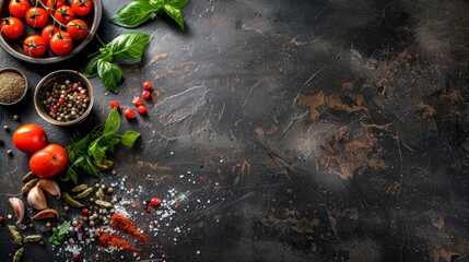 Cooking table. Background with spices and vegetables. Top view. Free space for your text. 