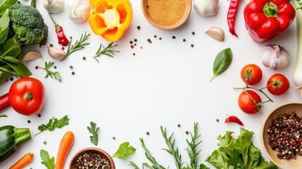 Cook frame with fresh vegetables on white background. Organic raw salad ingredients. Flat lay, copyspace, top view. 