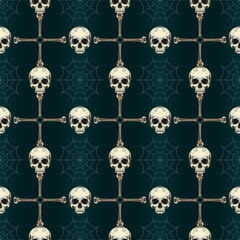 Wall Mural - Geometric Halloween pattern with square grid with spider web, broken bones, half skull without jaw on gradient turquoise background. Classic grid pattern. Vintage style.