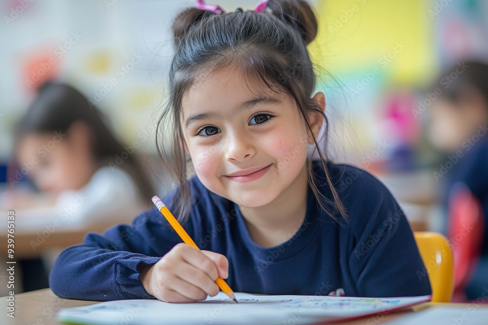 A young girl sits at her desk in an elementary school classroom ...