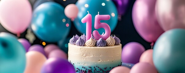 Wall Mural - Delicious birthday cake celebrating fifteenth birthday surrounded by balloons