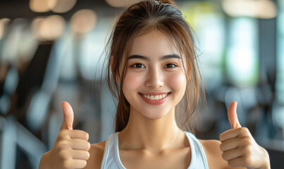 Asian gym employee wearing a gym workout uniform, holding both thumbs up, happy smile.