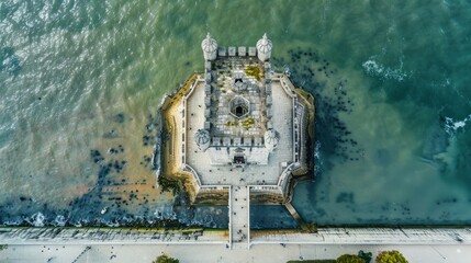 Aerial view of Torre de Belem in Lisbon, Portugal. 