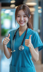 Wall Mural - Asian doctor or nurse wearing a medical uniform, holding both thumbs up, happy smile.