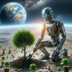 An android robot after the apocalypse plants young trees to save and green the planet after people.