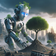 An android robot after the apocalypse plants young trees to save and green the planet after people.