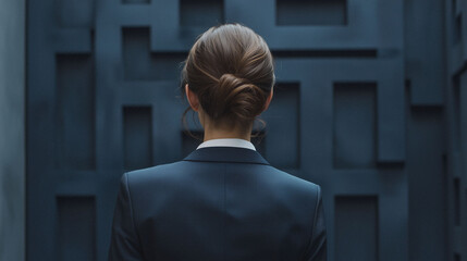 woman in formal suit stands before choice Labyrinth view from behind Generative AI