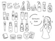 © Mihonoke. - スキンケアグッズと女性のイラストセット(線画)