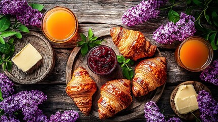   A wooden table holds a plate of croissants with spreads of jam and butter, accompanied by purple flowers and two glasses of orange juice