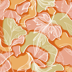 Wall Mural - Floral leaves autumnal seamless pattern. Flowing organic shape foliage texture. Flourish nature garden drawing. Fall leaves Seasonal Nature background.