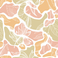 Wall Mural - Floral leaves autumnal seamless pattern. Flowing organic shape foliage texture. Flourish nature garden drawing. Fall leaves Seasonal Nature background.