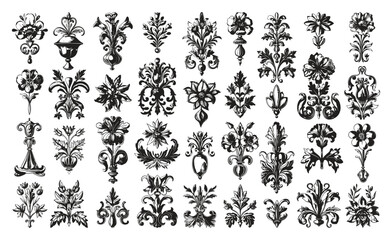 Wall Mural - baroque victorian floral ornamental icons set simple line art engraving style white background elega