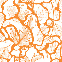 Wall Mural - Floral leaves autumnal seamless pattern. Flowing organic shape foliage texture. Flourish nature garden drawing. Fall leaves Seasonal Nature background.