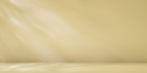 Poster - Beige minimalist studio for product presentation. Empty room with shadows of palm leaves. 3d room background with copy space. 3d render illustration