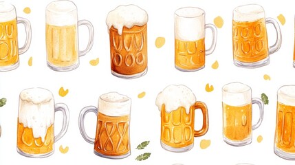 Wall Mural - Beer mugs collection. White background. Watercolor illustrations set