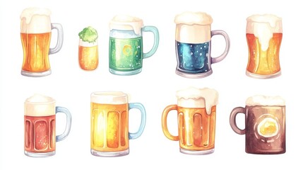 Wall Mural - Beer mugs collection. White background. Watercolor illustrations set