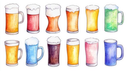 Wall Mural - Beer mugs collection. White background. Watercolor illustrations set