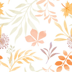 Wall Mural - Autumn seamless pattern. Fall leaves Background. Autumnal Nature texture. Flourish leaves decor. Watercolor Drawing for your design