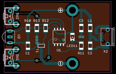 Poster - Vector printed circuit board of electronic 
device with components of radio elements, 
conductors and contact pads placed on pcb. 
Engineering technical drawing.