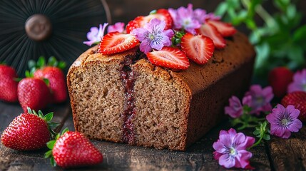 Poster -   A close-up slice of cake with strawberries on a table surrounded by flowers and a fan