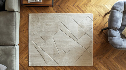 A light-colored carpet with a geometric design is placed on a wooden floor in a room. The photo is taken from above, giving a top view of the carpet and floor.