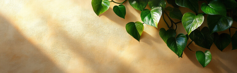 golden pothos vine gracefully draped across a taupe background, with soft shadows and room for text