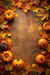 Wall Mural - Autumn Thanksgiving holiday background from pumpkins, colorful dried leaves and fall decorations top view.