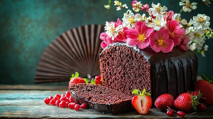 Wall Mural -   A chocolate cake sits atop a wooden table, surrounded by a vase of flowers and strawberries