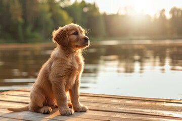 Poster - A small brown dog is sitting on a dock by a body of water, generative ai image