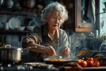 An elderly woman cooking a meal in a modern kitchen, showcasing daily activities of seniors.