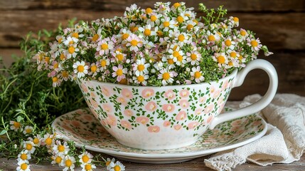 Wall Mural -   A cup holding flowers sits atop a saucer which rests atop another saucer that sits on a wooden table