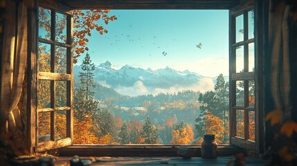 Poster -  view of mountain range and fall-colored tree forest with bird flights