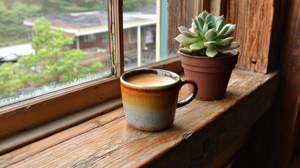 Wall Mural -   A cup of coffee and a succulent on a windowsill