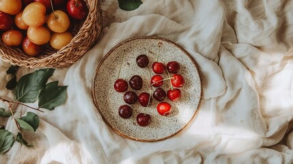 Canvas Print -   A cherry bowl sits next to apple and orange baskets