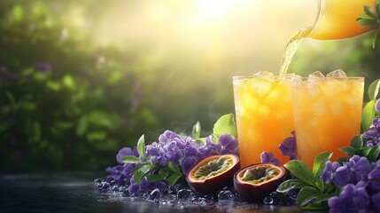 Poster -  A glass of orange juice being poured from a pitcher onto another glass, surrounded by purple flowers in the background