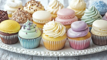 Canvas Print -   A plate of diverse cupcakes sits atop a white table, beside a wooden one