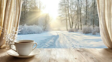 Sticker -   A cup of coffee sits atop a wooden table, facing a snow-covered window with tree branches outside