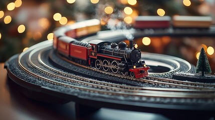   Toy train on tracks, Christmas tree on opposite end, lit up