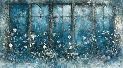 Poster -  A window with snowflakes and flowers on its sill