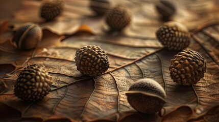 Canvas Print - acorns scattered on an autumn leaf