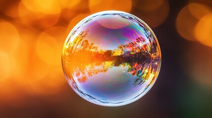 Wall Mural -    a soap bubble's interior showing tree reflections on its surface against a blurry backdrop