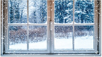 Sticker -   A snowy day outside a window with snowfall on the window panes, trees, and window panes