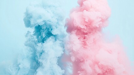 Wall Mural -   A sky filled with pink and blue clouds of smoke on a blue background, featuring a central pink cloud