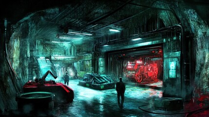 Poster - Futuristic underground research facility showcasing advanced technology and machinery illuminated by vibrant neon lights