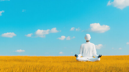 surrealistic photograph of a serene robot meditating in the middle of a peaceful prairie