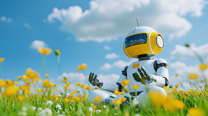 a surrealistic photograph of a serene robot meditating in the middle of a peaceful prairie