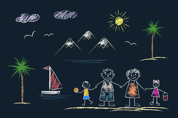 Wall Mural - Children's chalk drawing of a family on the beach in summer. Mom, dad, daughter, son, sea, palm trees, mountain, sailboat, sun, clouds, seagulls, landscape.  Doodle drawings 